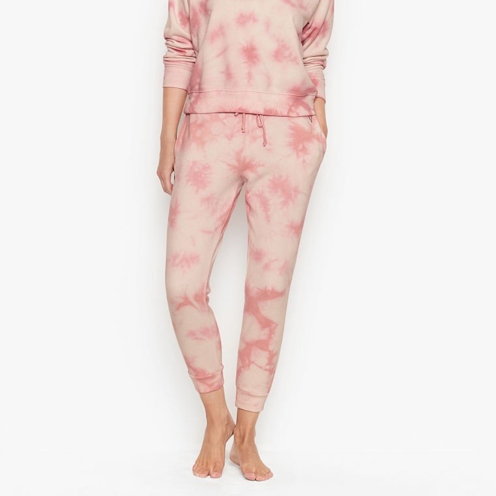 Victoria's Secret Cotton Fleece Mid Rise Jogger Pink Tie Dye Large NEW